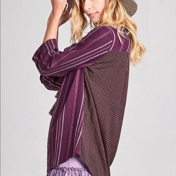 BOHO shirt woven knit TOP variegated stripe jacquard top S TRENDING deep Purple - Picture 2 of 16